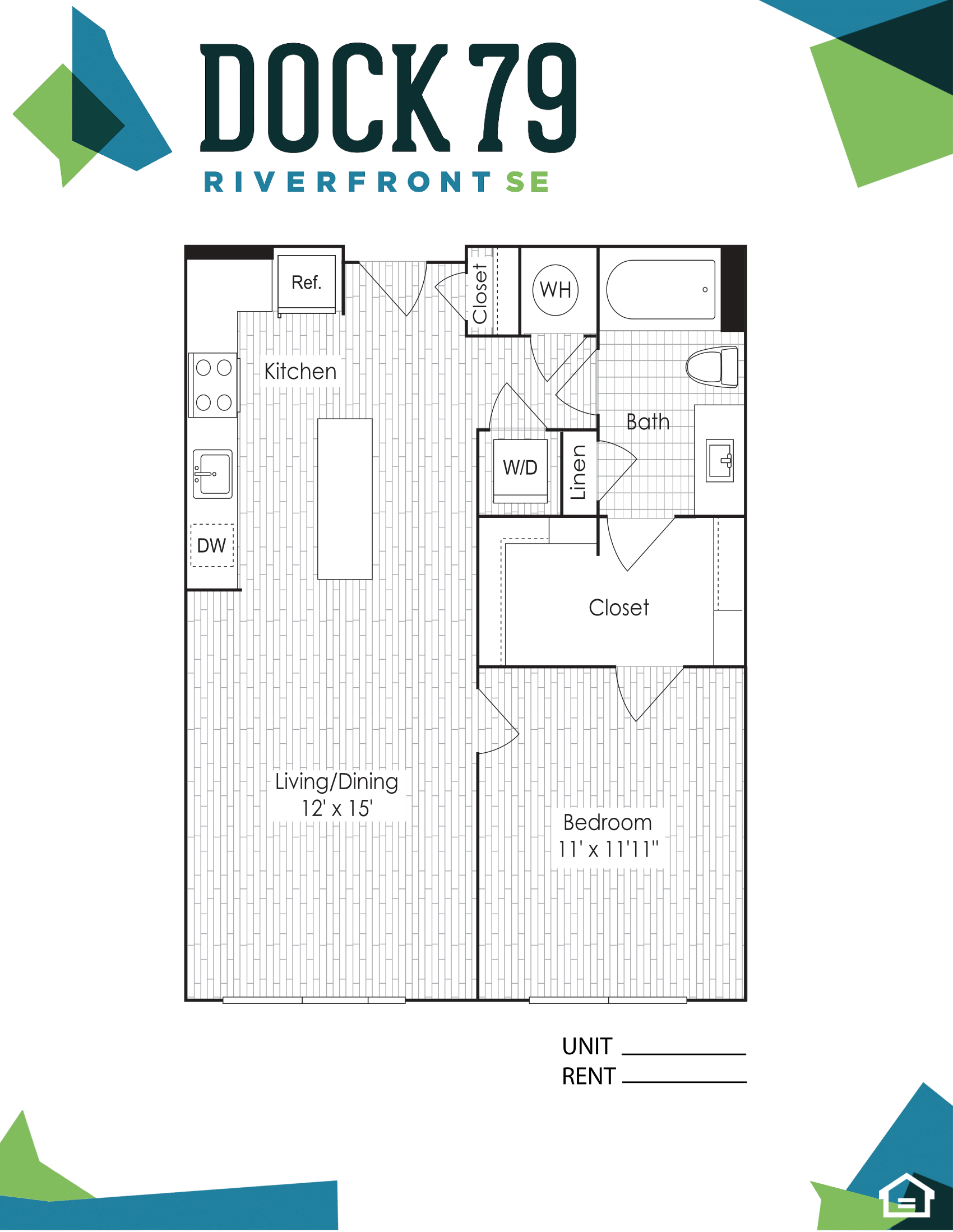 Floor plan for 1 bed, 1 bath, 710 sqft